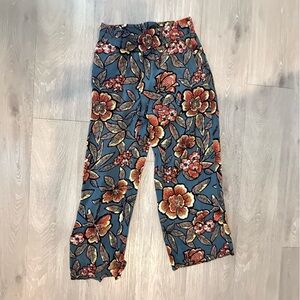 Blue Floral woman Pants with Orange Accents